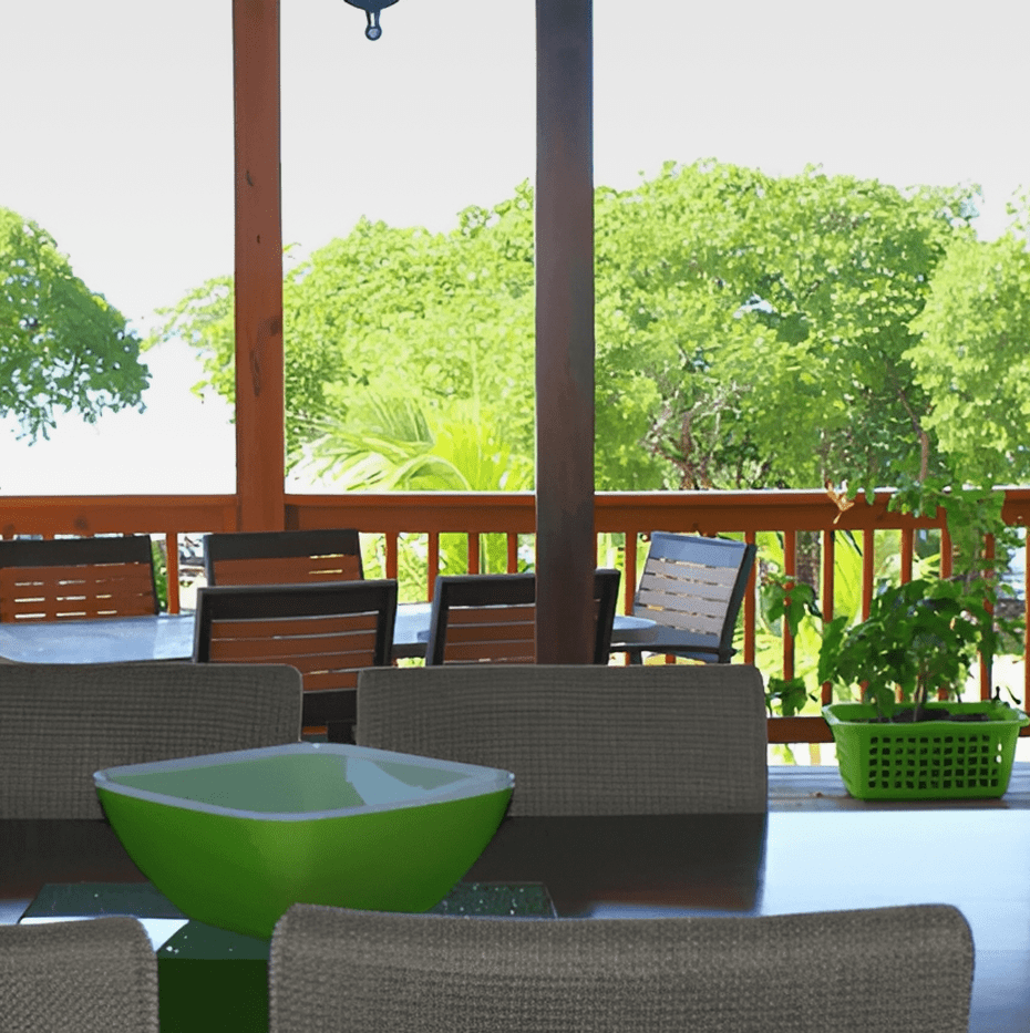 Outdoor dining area with green bowl centerpiece.