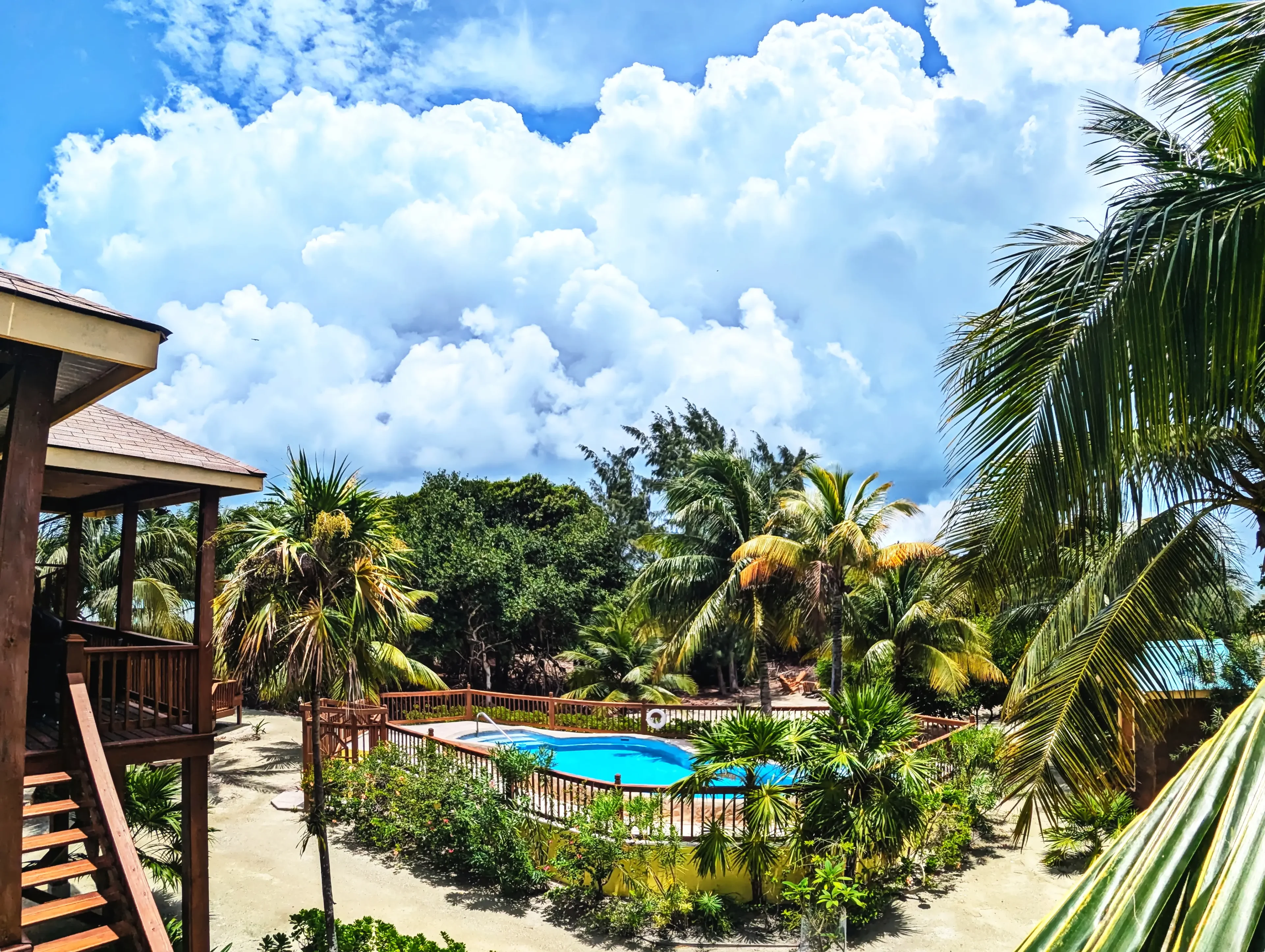 Tropical resort with pool and palm trees.