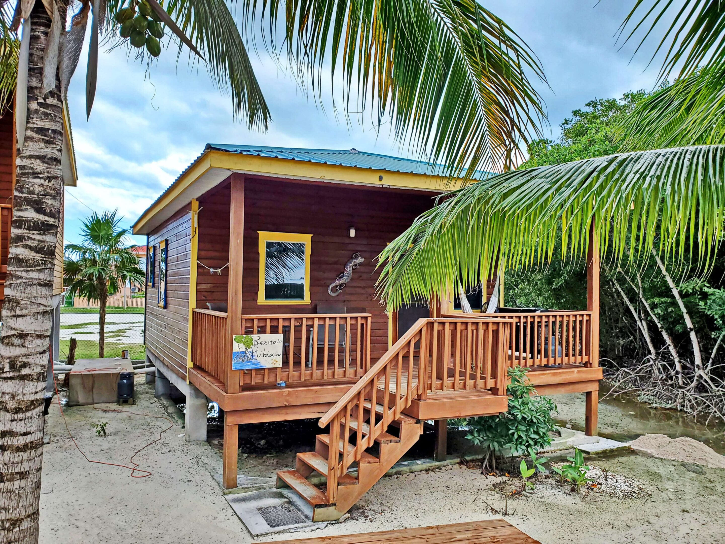 Tropical wooden cabin surrounded by palm trees.